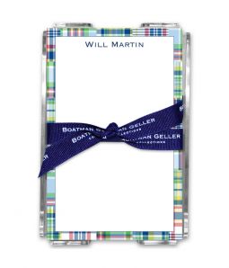 Madras Patch Blue Note Sheets in Acrylic Holder