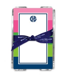 Bold Stripe Pink, Green & Navy Note Sheets in Acrylic Holder