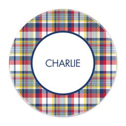 Classic Madras Plaid Navy & Red Melamine Plate by Boatman Geller