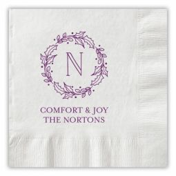 Holly Wreath & Initial Cocktail Napkins