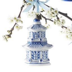 Blue & White Pagoda Ornament - Blown Glass