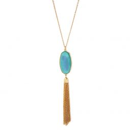 Turquoise Faceted Stone & Tassel Necklace 30"L