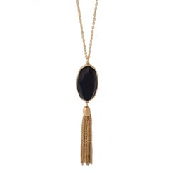 Black Faceted Stone & Tassel Necklace 30"L