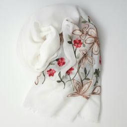 White Crewelwork Floral Scarf